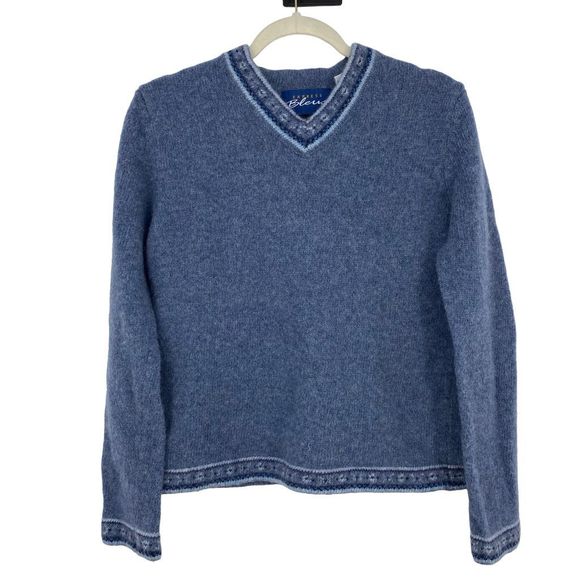 Vintage Wool V-neck Sweater Nordic Pastel Blue Boxy Soft - Picture 1 of 6